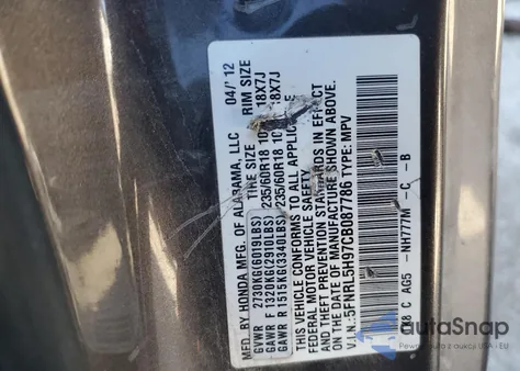 2012 Honda Odyssey Touring из США, поврежденный, VIN 5FNRL5H97CB087786